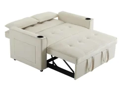 Sofá bege de 2 lugares - Sofá-cama com suporte para copos e bolso para arrumação - almofadas e rodízios