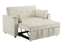 Sofá bege de 2 lugares - Sofá-cama com suporte para copos e bolso para arrumação - almofadas e rodízios