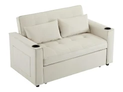 Sofá bege de 2 lugares - Sofá-cama com suporte para copos e bolso para arrumação - almofadas e rodízios