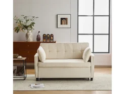 Sofá bege de 2 lugares - Sofá de sala com encosto ajustável e função de cama retrátil - 2 almofadas e apoios de braços - chenille