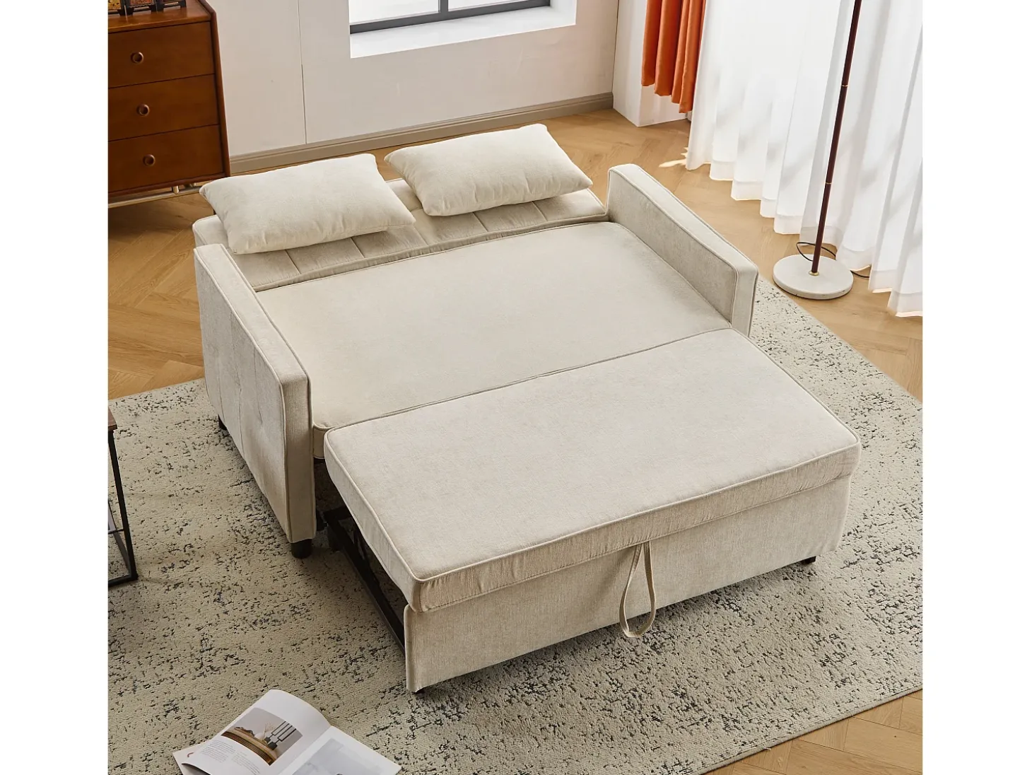 Sofá bege de 2 lugares - Sofá de sala com encosto ajustável e função de cama retrátil - 2 almofadas e apoios de braços - chenille