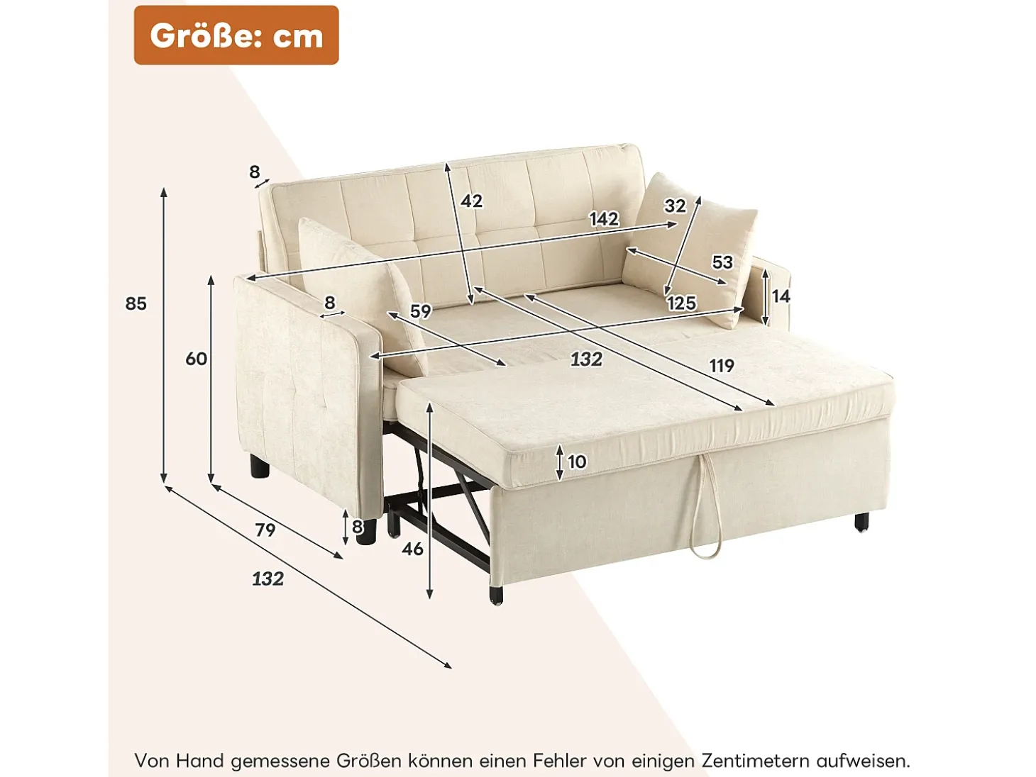 Sofá bege de 2 lugares - Sofá de sala com encosto ajustável e função de cama retrátil - 2 almofadas e apoios de braços - chenille
