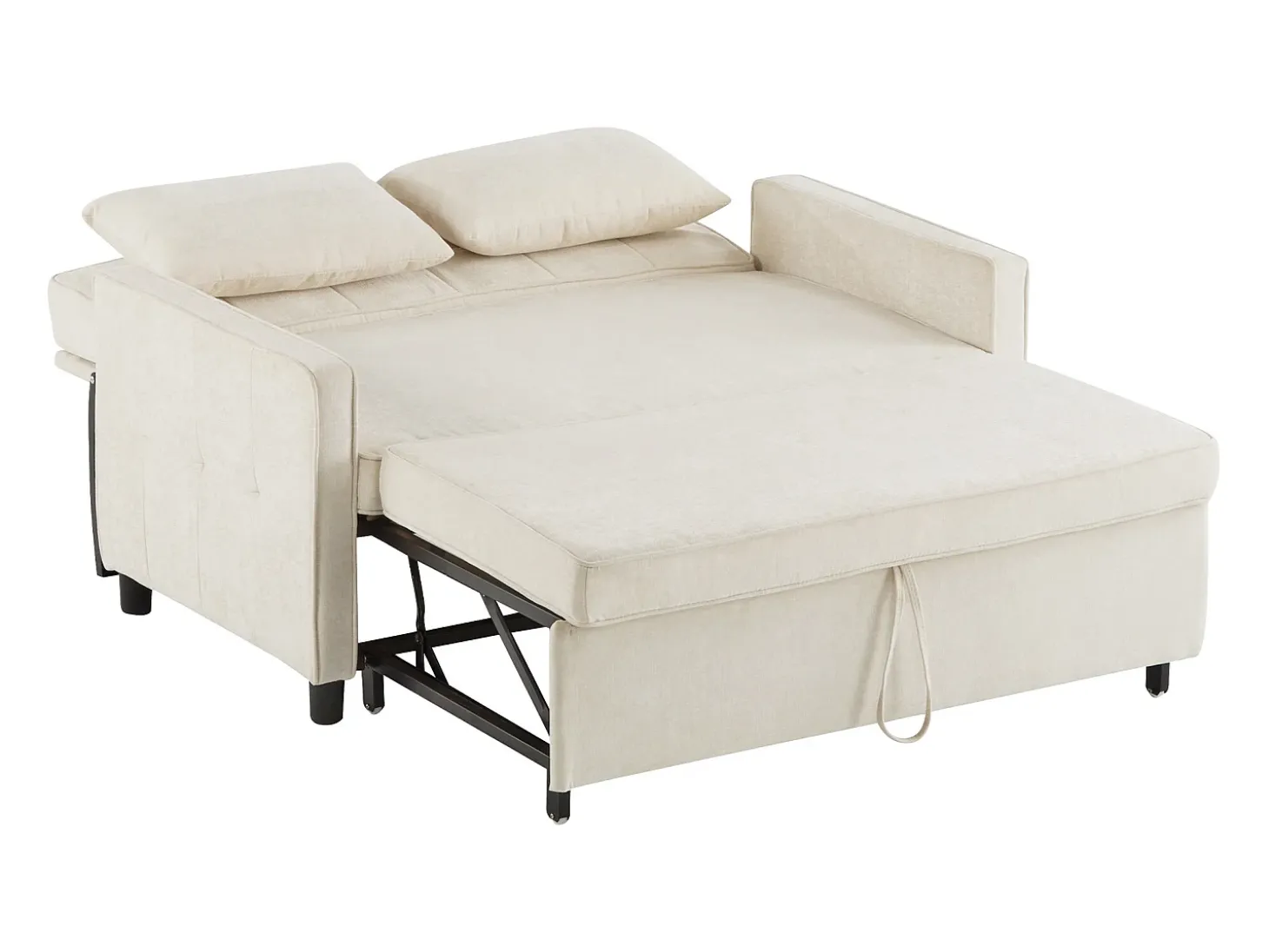 Sofá bege de 2 lugares - Sofá de sala com encosto ajustável e função de cama retrátil - 2 almofadas e apoios de braços - chenille