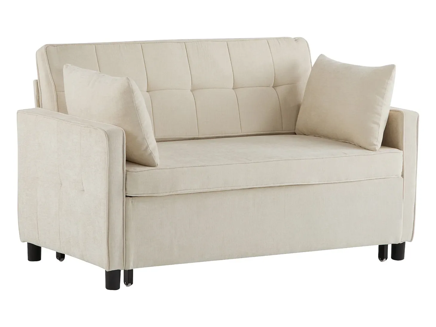 Sofá bege de 2 lugares - Sofá de sala com encosto ajustável e função de cama retrátil - 2 almofadas e apoios de braços - chenille