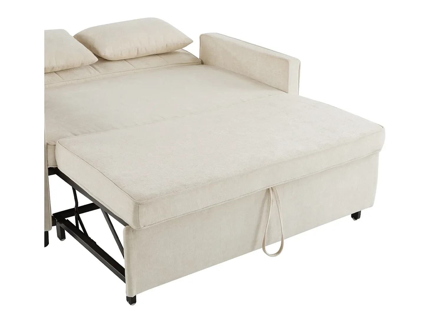 Sofá bege de 2 lugares - Sofá de sala com encosto ajustável e função de cama retrátil - 2 almofadas e apoios de braços - chenille