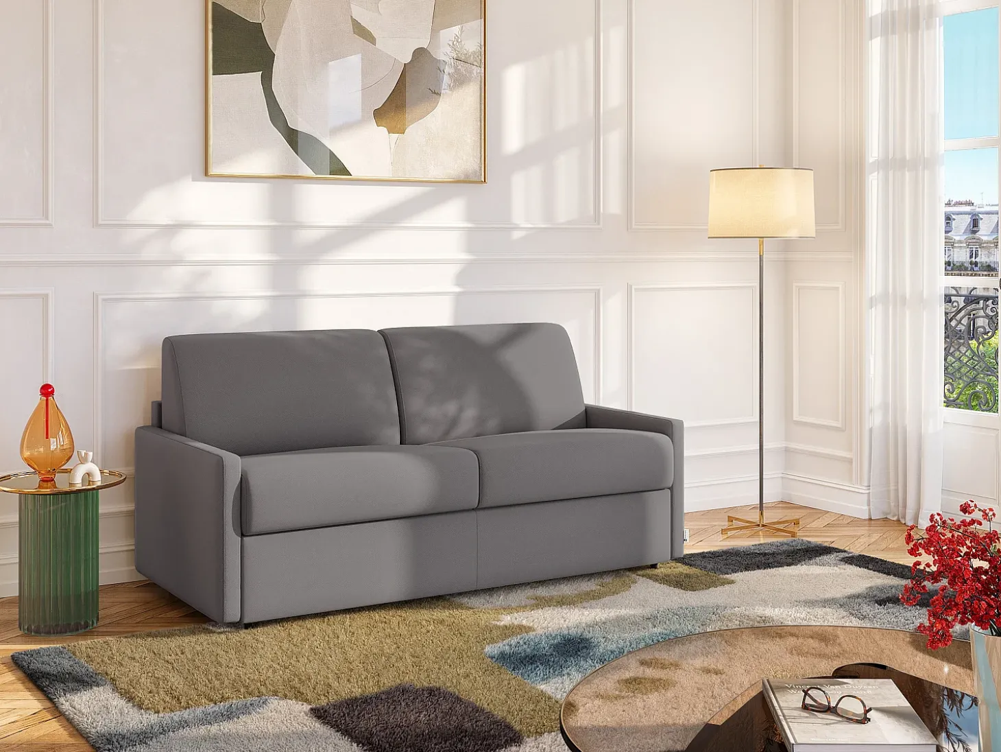 Sofá cama 4 lugares colchão de 22 cm tecido cinzento CALIFE