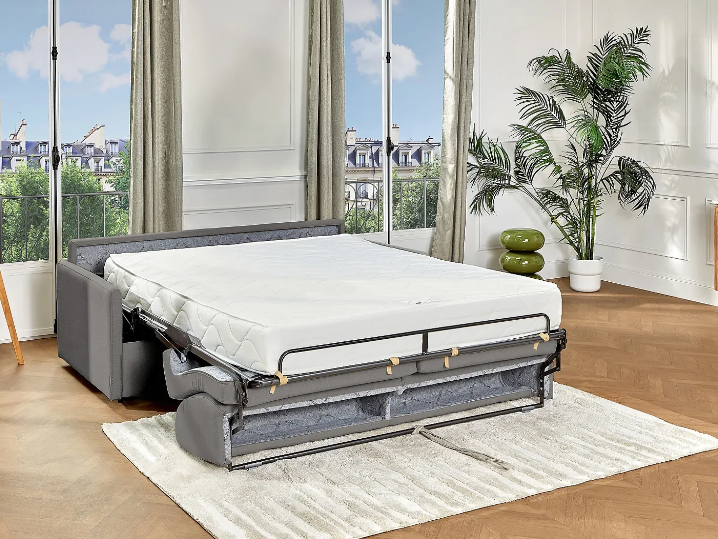 Sofá cama 4 lugares colchão de 22 cm tecido cinzento CALIFE