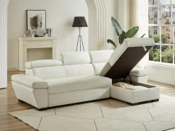 Sofá cama de canto direito em dois materiais branco JONOVA