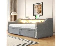 Sofá cama extraível 90/180x190cm em linho - com LED e USB - com base de ripas - Cinza claro