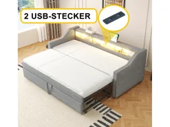 Sofá cama extraível 90/180x190cm em linho - com LED e USB - com base de ripas - Cinza claro