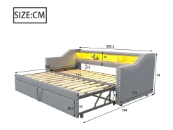 Sofá cama extraível 90/180x190cm em linho - com LED e USB - com base de ripas - Cinza claro