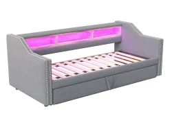 Sofá cama extraível 90/180x190cm em linho - com LED e USB - com base de ripas - Cinza claro