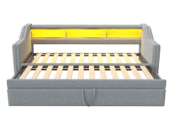 Sofá cama extraível 90/180x190cm em linho - com LED e USB - com base de ripas - Cinza claro