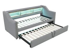 Sofá cama extraível 90/180x190cm em linho - com LED e USB - com base de ripas - Cinza claro