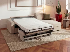 Sofá canto convertível abert. rápida veludo canelado bege, cama ripas largas 160cm VIZIR