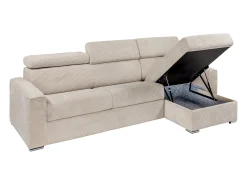 Sofá canto convertível abert. rápida veludo canelado bege, cama ripas largas 160cm VIZIR