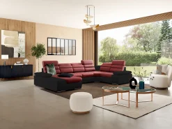 Sofá canto esquerdo modular tecido e pele sintética vermelho e preto BOILEAU