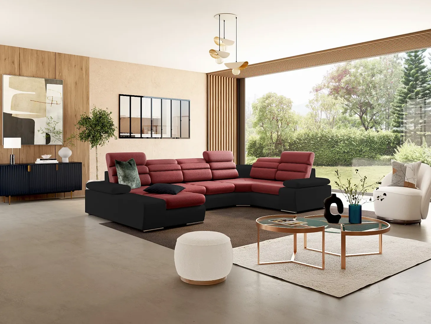 Sofá canto esquerdo modular tecido e pele sintética vermelho e preto BOILEAU