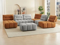 Sofá canto panorâmico modular e pufe encosto função avança-recua cinza e terracota APOLIU