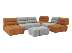 Sofá canto panorâmico modular e pufe encosto função avança-recua cinza e terracota APOLIU