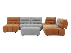 Sofá canto panorâmico modular e pufe encosto função avança-recua cinza e terracota APOLIU