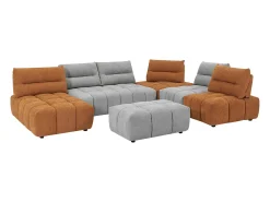 Sofá canto panorâmico modular e pufe encosto função avança-recua cinza e terracota APOLIU