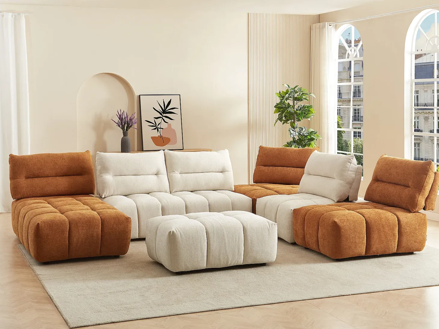 Sofá canto panorâmico modular e pufe encosto função avança-recua bege e terracota APOLIU