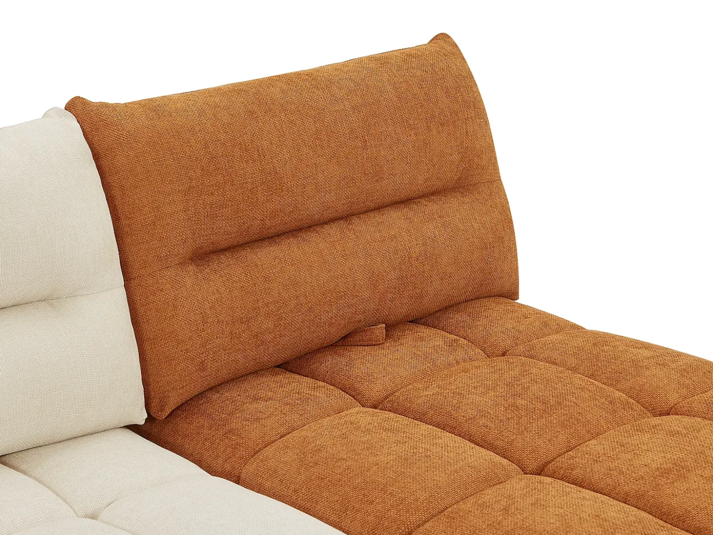 Sofá canto panorâmico modular e pufe encosto função avança-recua bege e terracota APOLIU