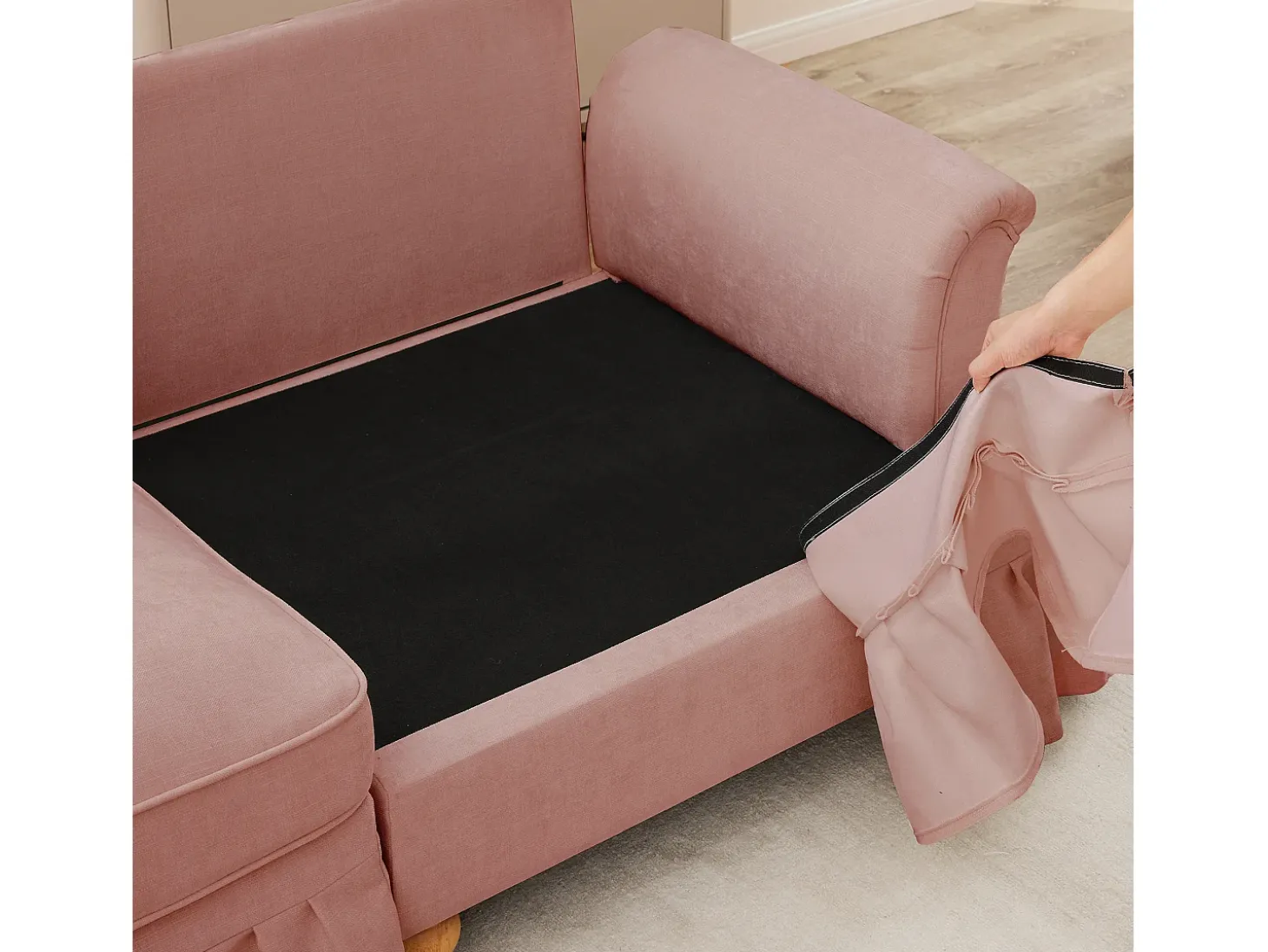 Sofá chesterfield 2 lugares em felpudo rosa - com 2 puffs e 2 almofadas - saia removível - 194x140x93cm