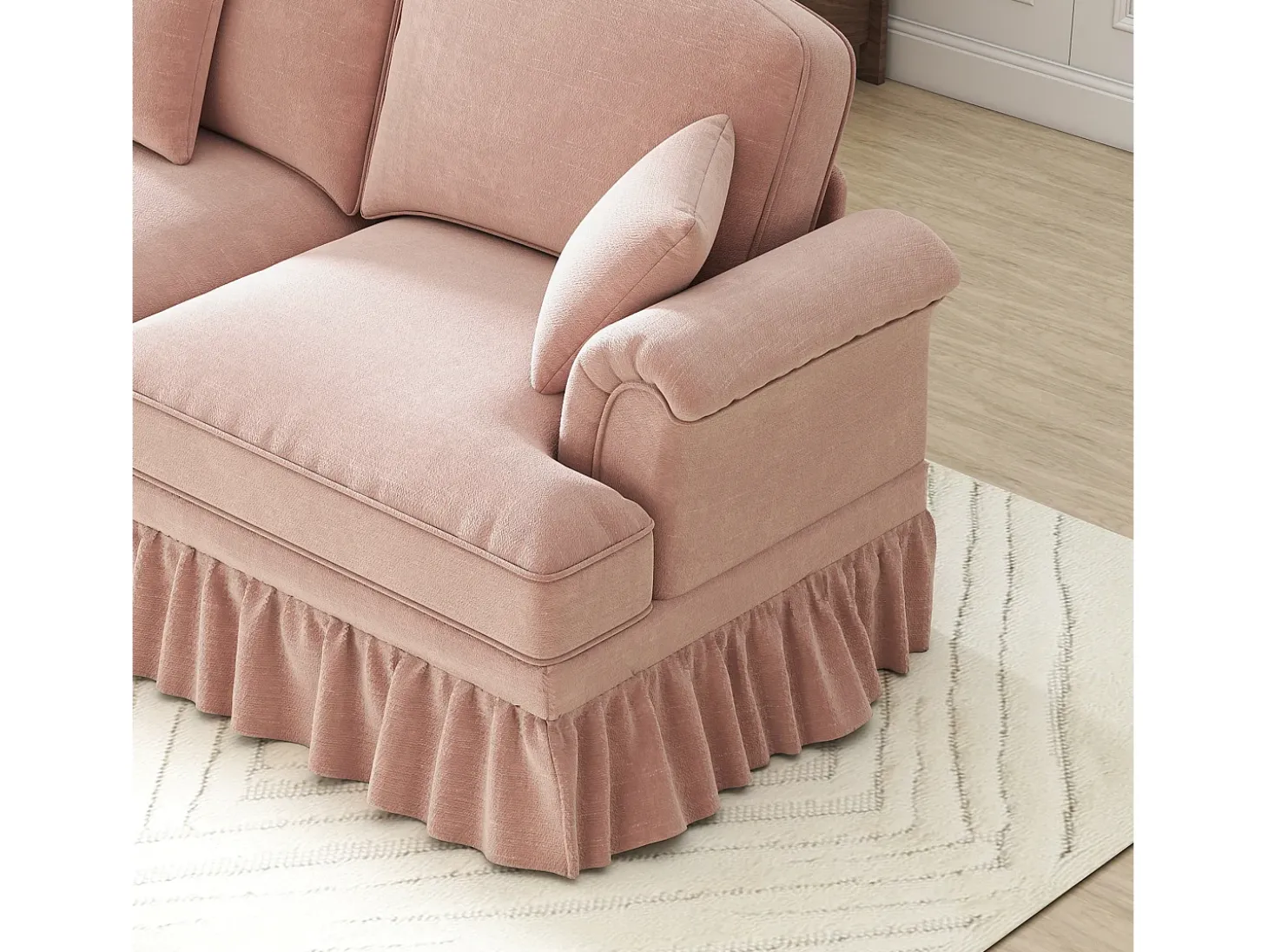 Sofá chesterfield 2 lugares em felpudo rosa - com 2 puffs e 2 almofadas - saia removível - 194x140x93cm