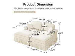 Sofá chesterfield 2 lugares em felpudo bege - com 2 puffs e 2 almofadas - saia removível - 194x140x93cm