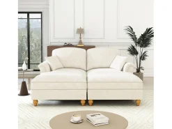 Sofá chesterfield 2 lugares em felpudo bege - com 2 puffs e 2 almofadas - saia removível - 194x140x93cm