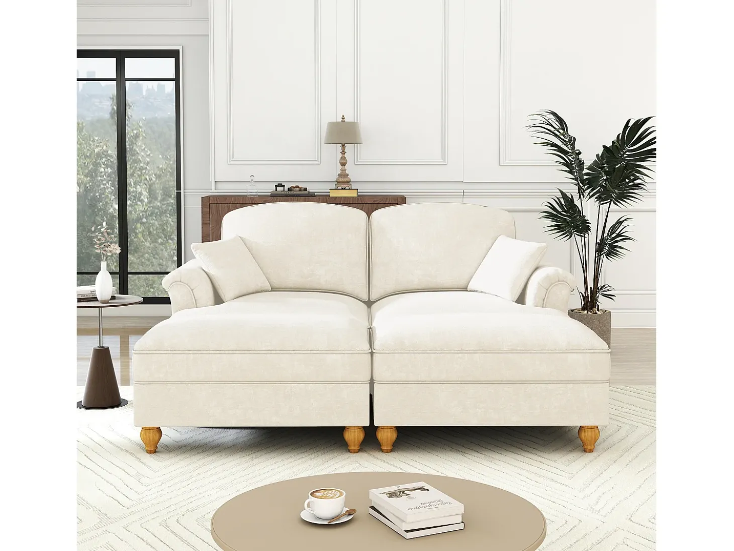 Sofá chesterfield 2 lugares em felpudo bege - com 2 puffs e 2 almofadas - saia removível - 194x140x93cm