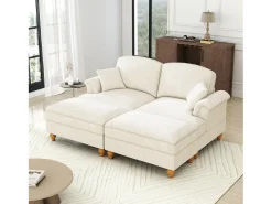Sofá chesterfield 2 lugares em felpudo bege - com 2 puffs e 2 almofadas - saia removível - 194x140x93cm