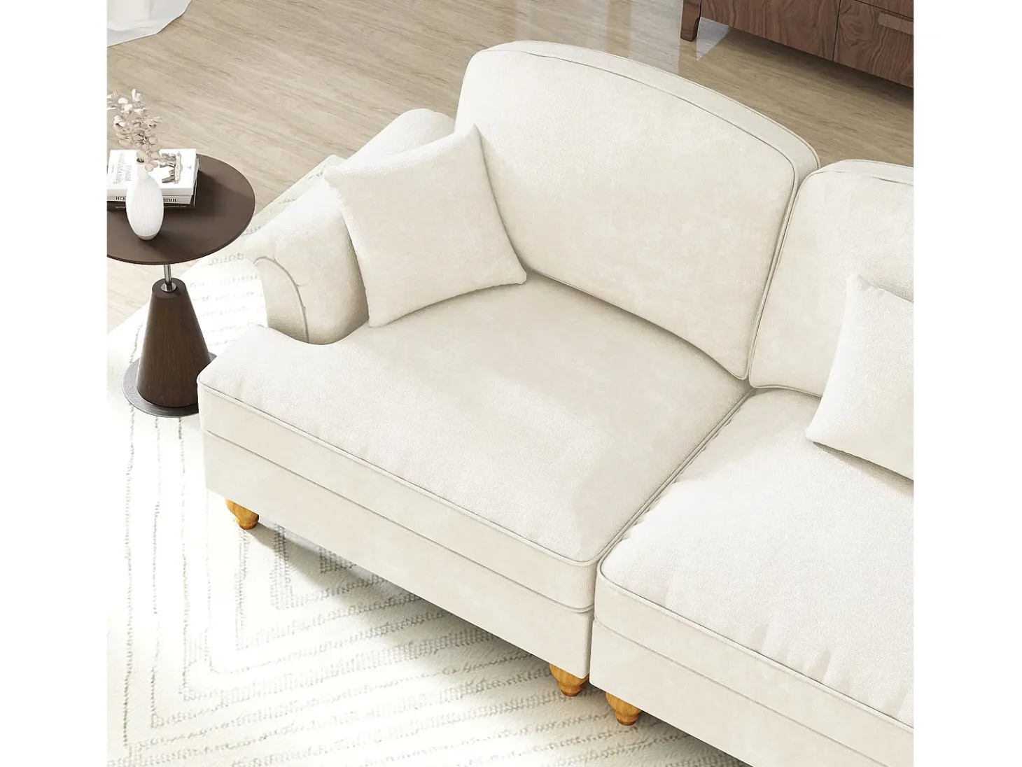 Sofá chesterfield 2 lugares em felpudo bege - com 2 puffs e 2 almofadas - saia removível - 194x140x93cm