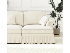 Sofá chesterfield 2 lugares em felpudo bege - com 2 puffs e 2 almofadas - saia removível - 194x140x93cm