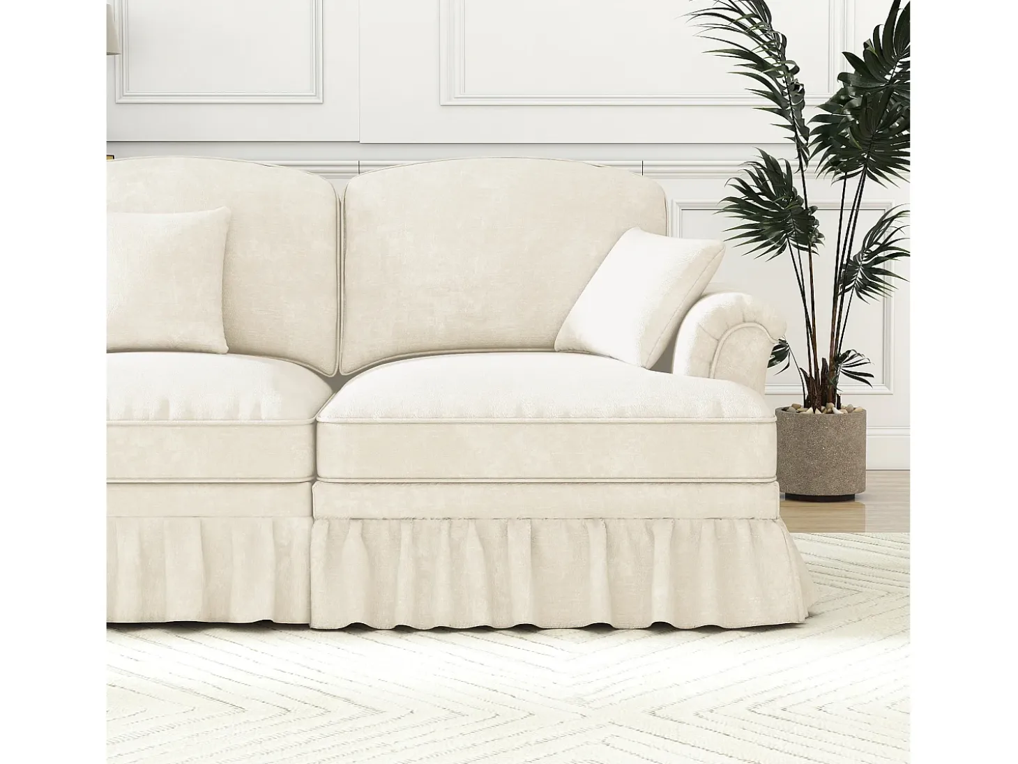 Sofá chesterfield 2 lugares em felpudo bege - com 2 puffs e 2 almofadas - saia removível - 194x140x93cm