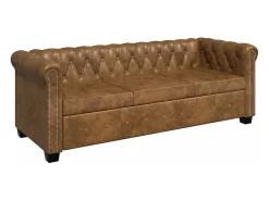 Sofá Chesterfield 3 lugares couro artificial castanho