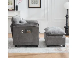 Sofá cinzento com bolsos laterais e apoio para os pés - Chenille - para sala de estar e quarto