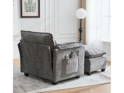 Sofá cinzento com bolsos laterais e apoio para os pés - Chenille - para sala de estar e quarto