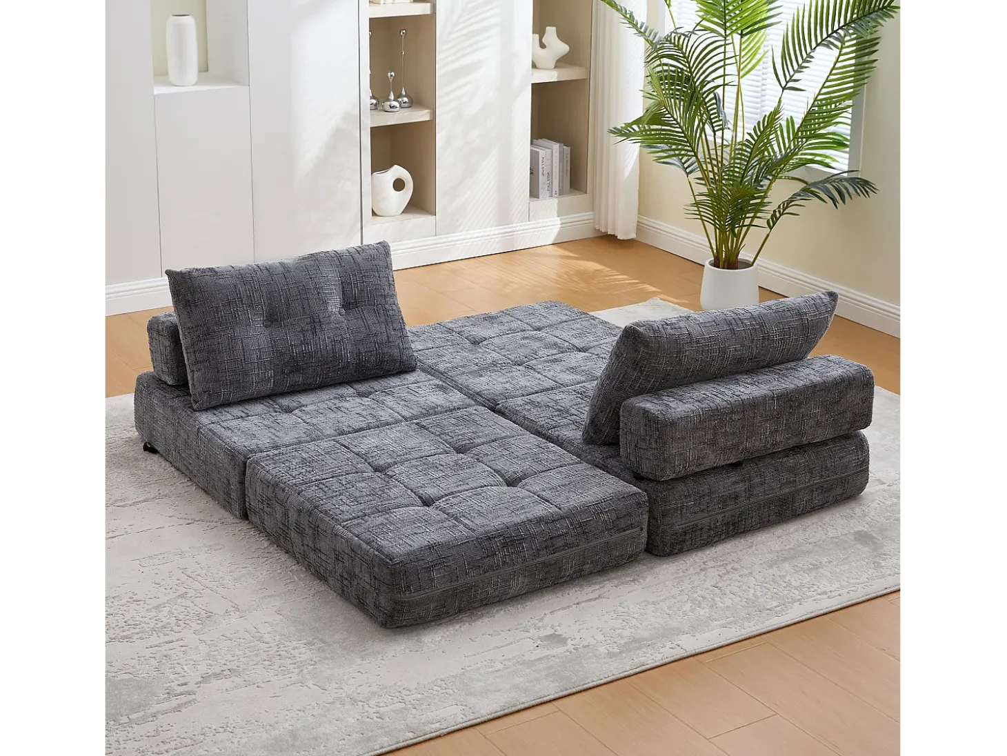 Sofá cinzento de 1 lugar - Sofá dobrável com encosto e almofadas - chenille