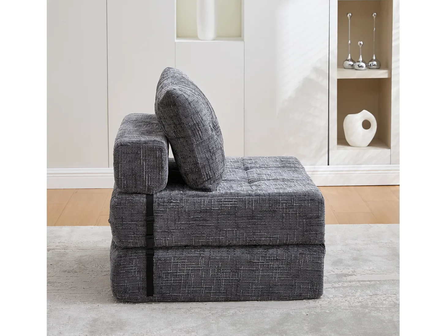 Sofá cinzento de 1 lugar - Sofá dobrável com encosto e almofadas - chenille