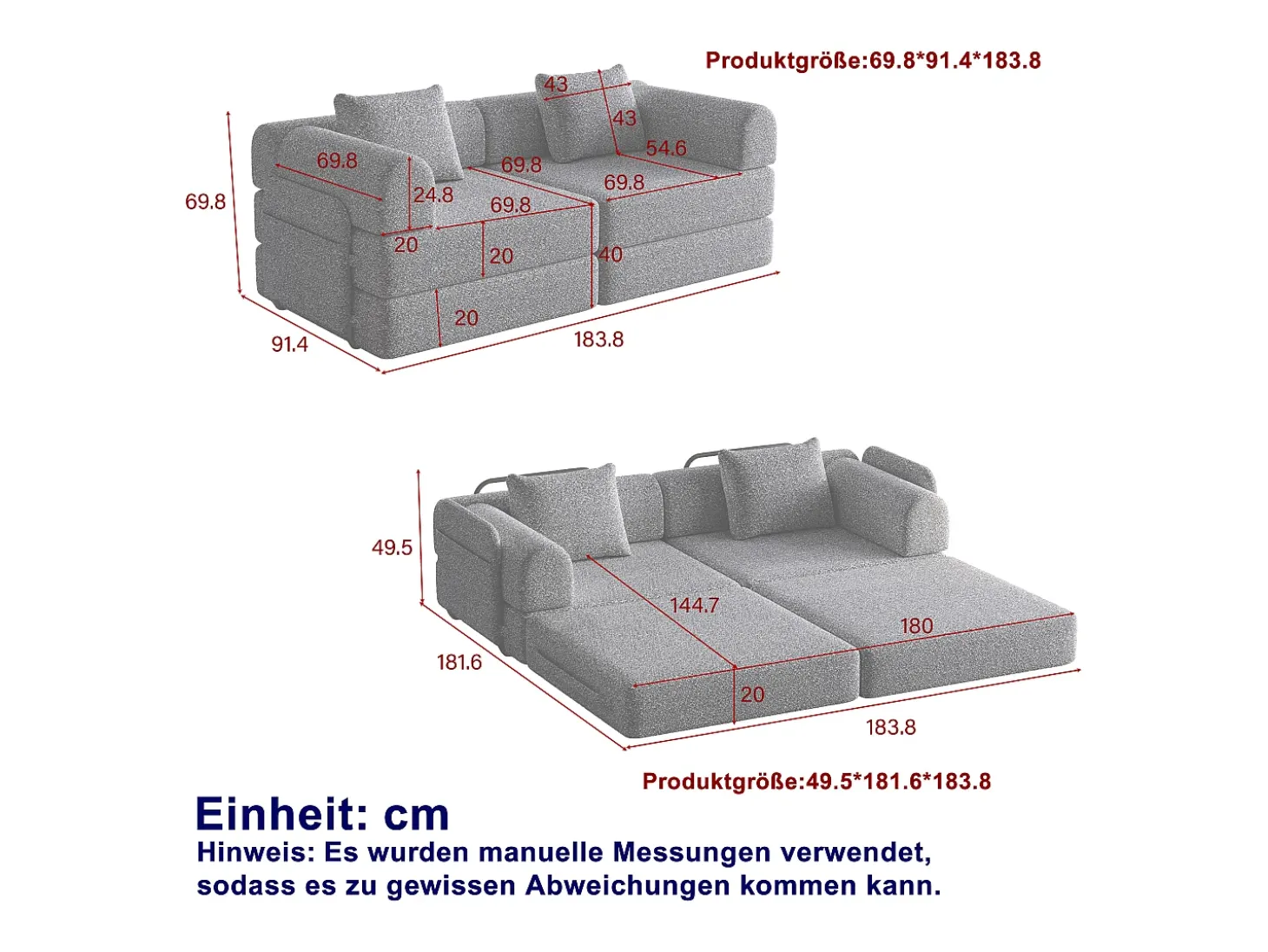 Sofá cinzento de 2 lugares - Sofá reto com espaço de arrumação e 3 estruturas metálicas - chenille