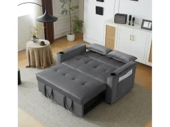 Sofá cinzento de 2 lugares - Sofá-cama com suporte para copos e bolso - almofadas e rodízios