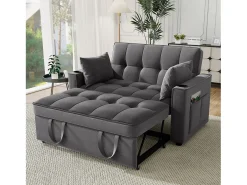 Sofá cinzento de 2 lugares - Sofá-cama com suporte para copos e bolso - almofadas e rodízios