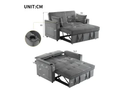 Sofá cinzento de 2 lugares - Sofá-cama com suporte para copos e bolso - almofadas e rodízios