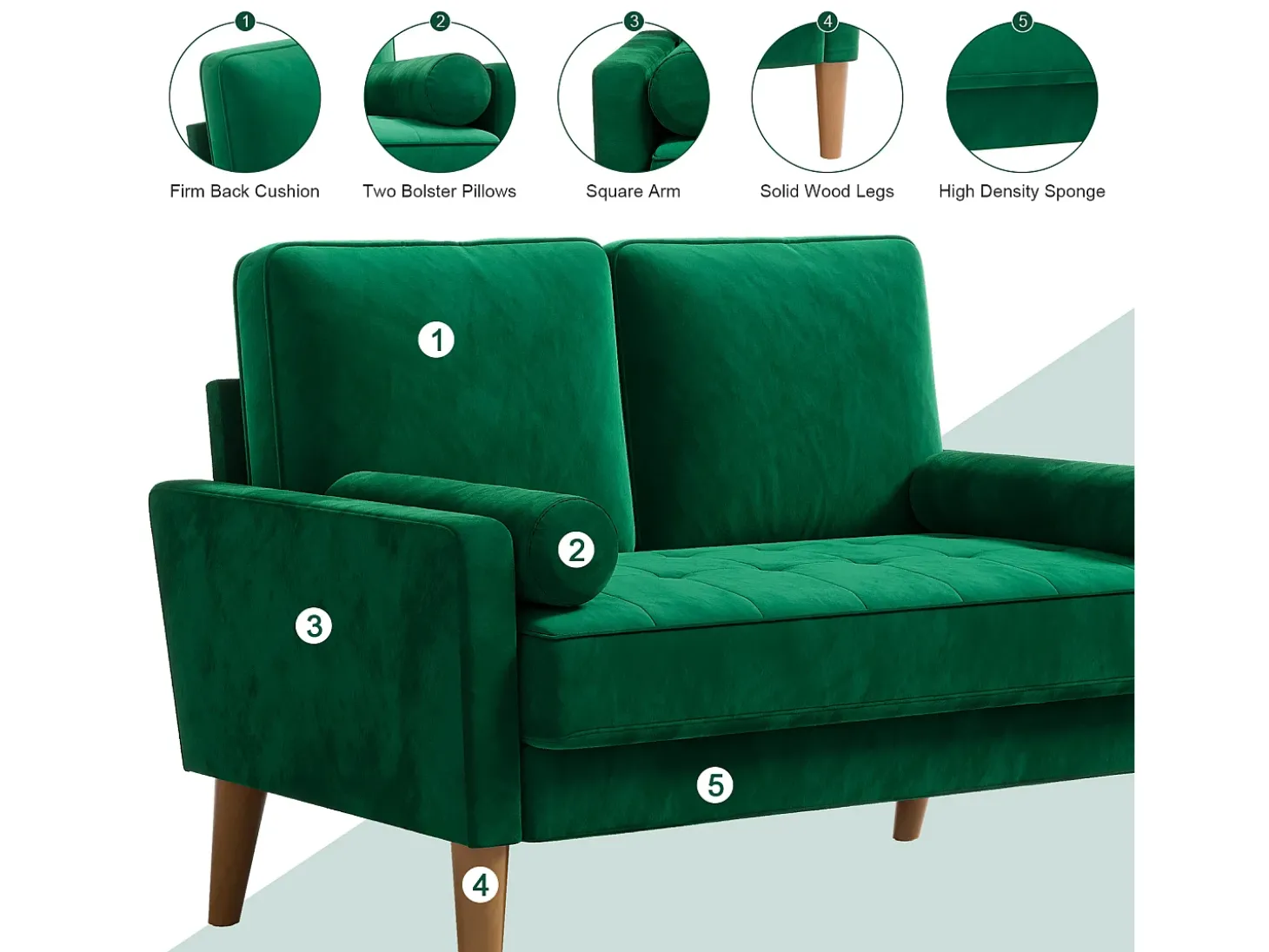 Sofá com 2 assentos escandinavos, mini sofá de braço laminado em Veludo de Adeset, Bolchair da Sala de Livro com Afrestos de Braço, 121x77x87cm - Verde