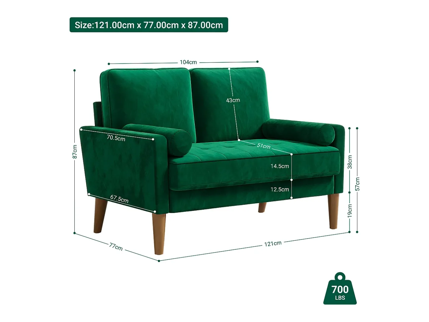 Sofá com 2 assentos escandinavos, mini sofá de braço laminado em Veludo de Adeset, Bolchair da Sala de Livro com Afrestos de Braço, 121x77x87cm - Verde