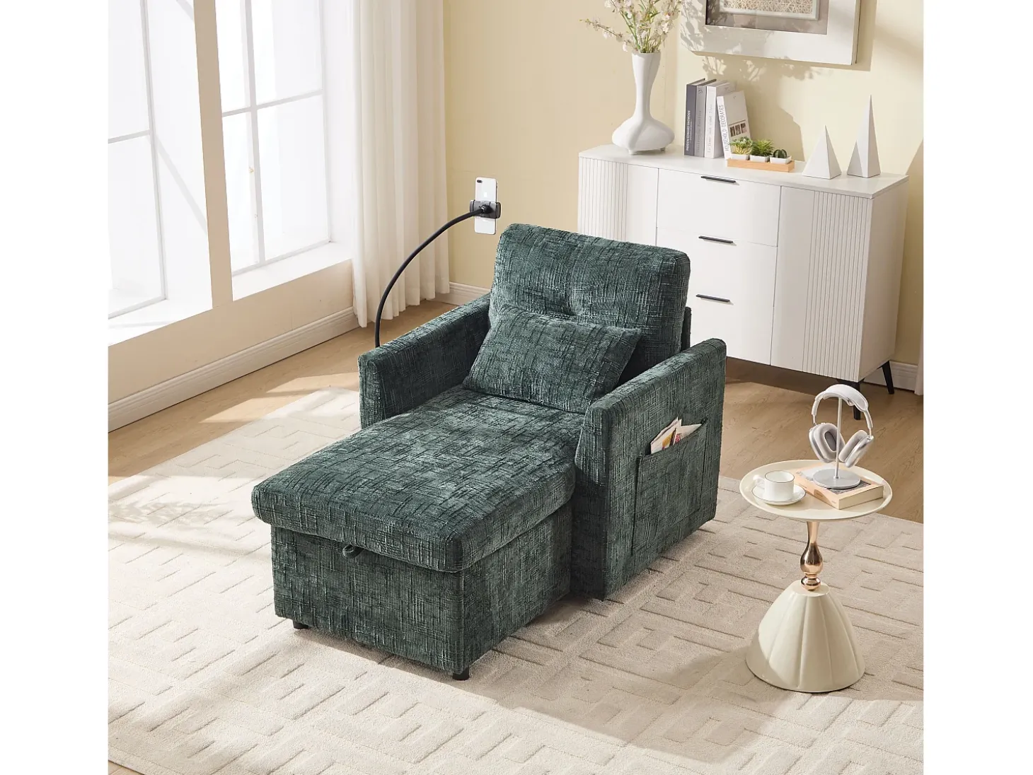 Sofá com 2 bolsos laterais e espaço para arrumação - Tecido chenille - Verde esmeralda
