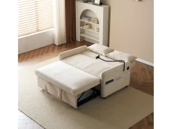 Sofá conversível de 2 lugares com encosto ajustável - Suporte e tomada USB - Tecido Chenille - Função dormir - Bege
